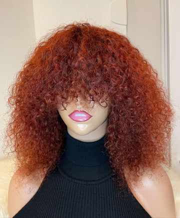 Kinky Curly Human Hair Bang Wigs in Red wine Color.