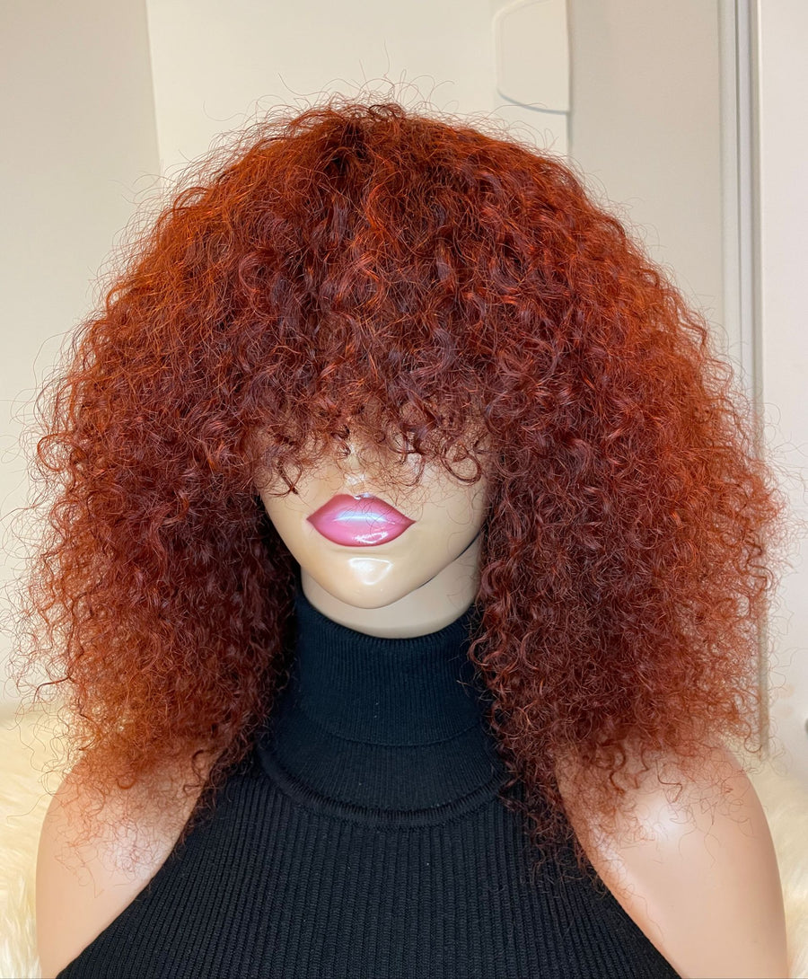 Kinky Curly Human Hair Bang Wigs in Red wine Color.